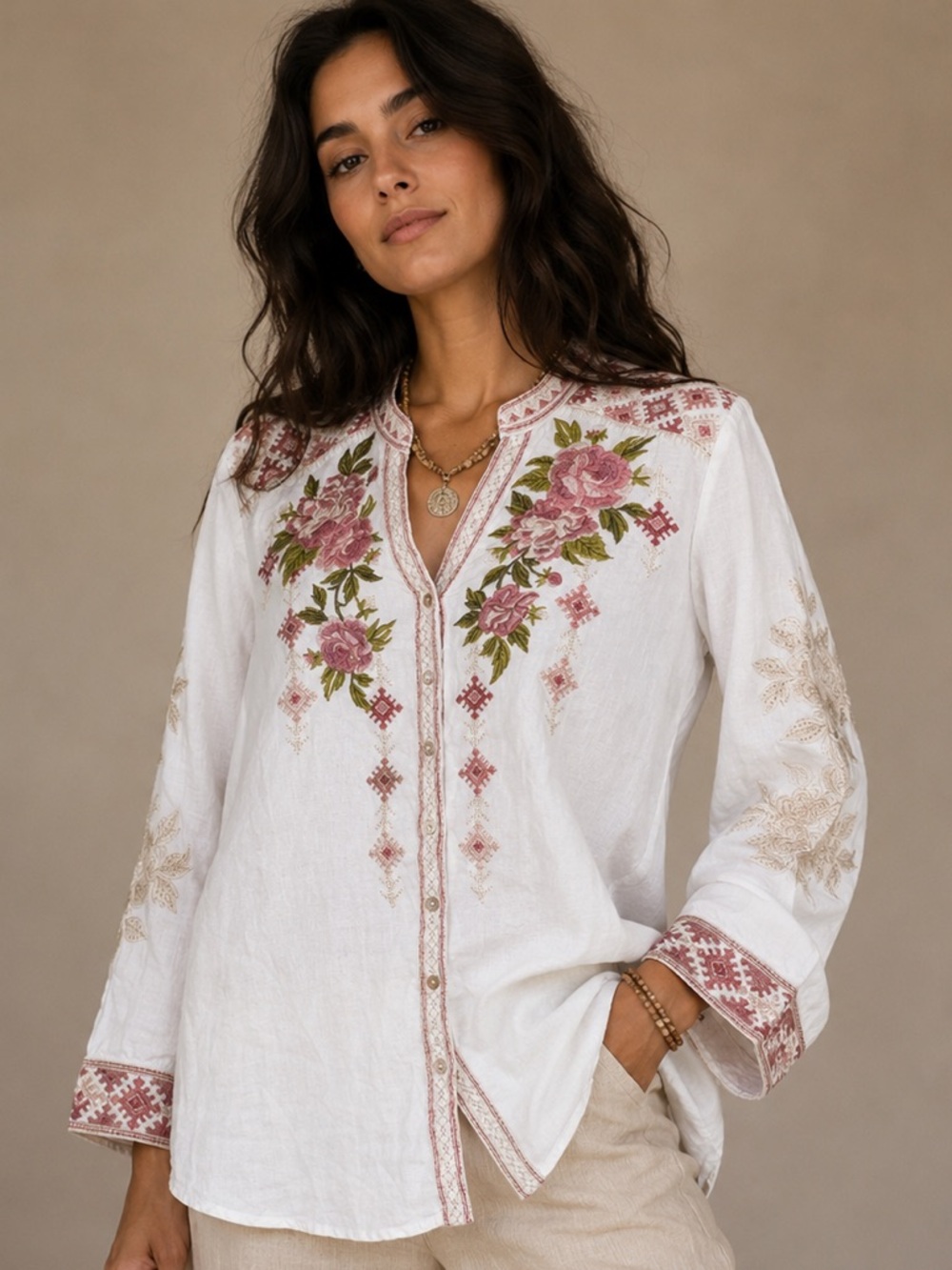 Johnny Was White Button-Down Linen Shirt with Pink Rose Embroidery
